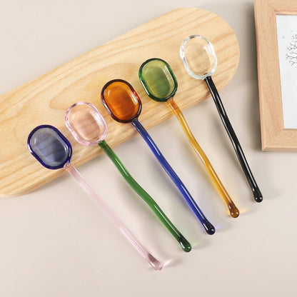 (5 Pieces) Milk Dessert Spoon Colorful Pastoral Transparent Heat-resistant Glass Cute Long-handled Coffee Stirring (Pink)