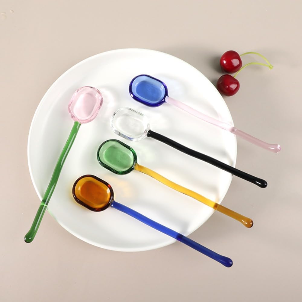 (5 Pieces) Milk Dessert Spoon Colorful Pastoral Transparent Heat-resistant Glass Cute Long-handled Coffee Stirring (Pink)