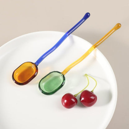 (5 Pieces) Milk Dessert Spoon Colorful Pastoral Transparent Heat-resistant Glass Cute Long-handled Coffee Stirring (Pink)