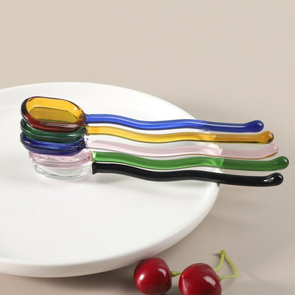 (5 Pieces) Milk Dessert Spoon Colorful Pastoral Transparent Heat-resistant Glass Cute Long-handled Coffee Stirring (Pink)