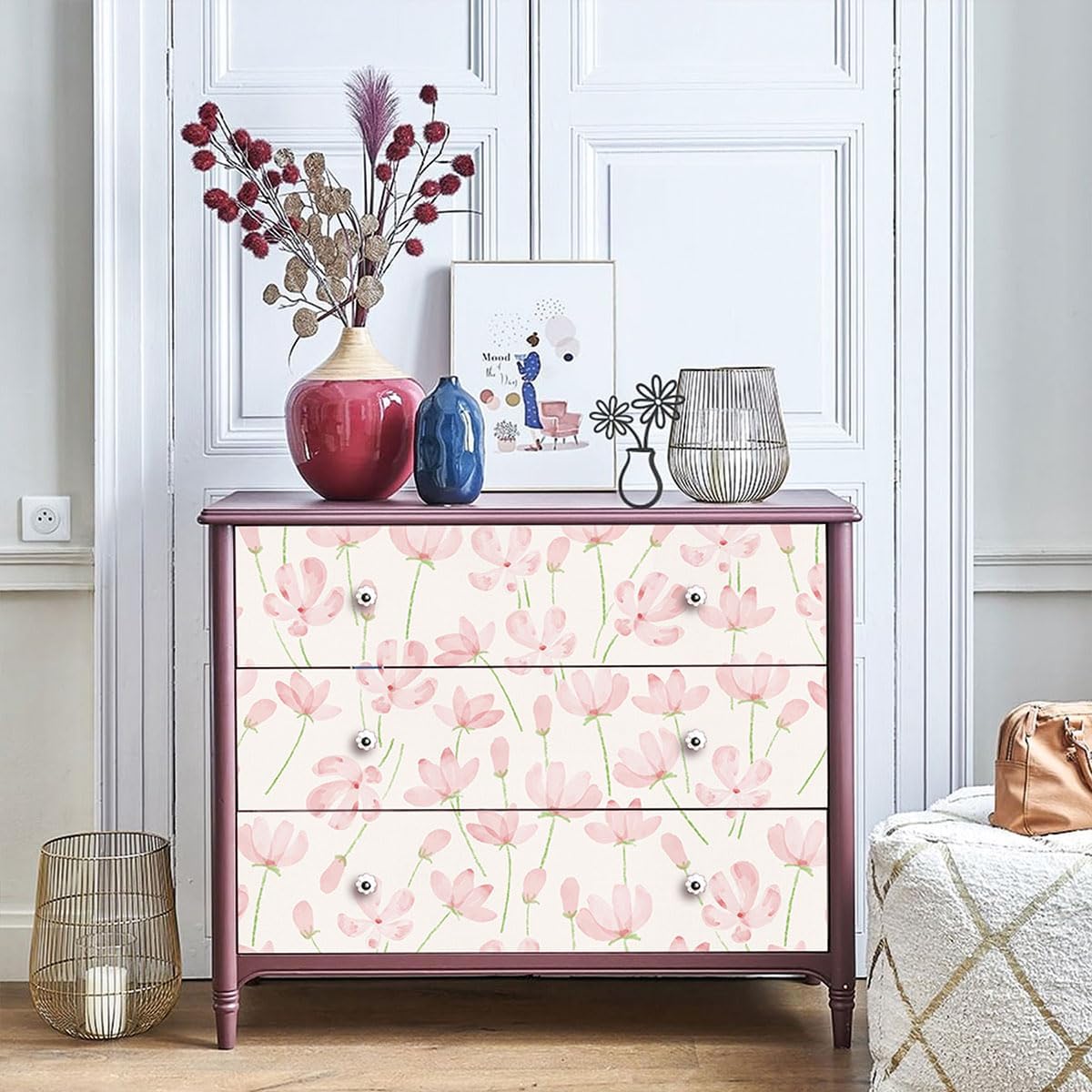 Peel and Stick Wallpaper, Pink Floral Wall Paper, 17.3"x118"