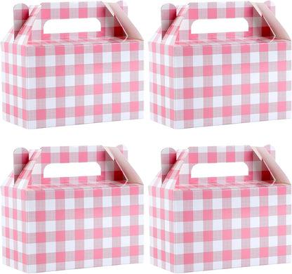 12 Pack Pink Gingham Party Favor Bags Pink Gingham Gift Boxes Checkered Paper Gift Boxes with Handles for Birthday Party Family Dinner Picnic Barbecue Baby Shower