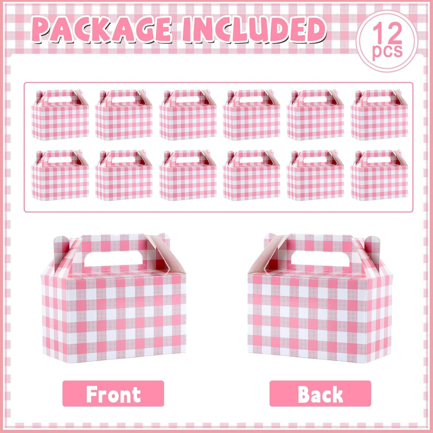 12 Pack Pink Gingham Party Favor Bags Pink Gingham Gift Boxes Checkered Paper Gift Boxes with Handles for Birthday Party Family Dinner Picnic Barbecue Baby Shower