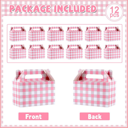 12 Pack Pink Gingham Party Favor Bags Pink Gingham Gift Boxes Checkered Paper Gift Boxes with Handles for Birthday Party Family Dinner Picnic Barbecue Baby Shower