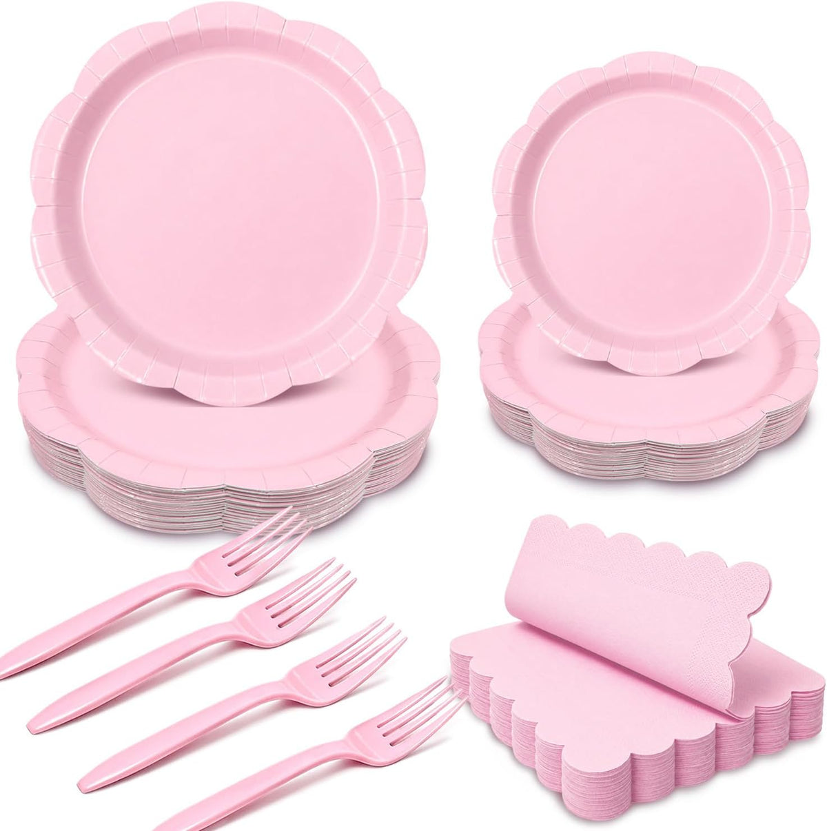 100 Pcs Pink Scalloped Paper Plates Set, Disposable Party Plates for Birthday, Baby Shower, Bridal Shower, Tea Party, Elegant Dinner & Dessert Tableware