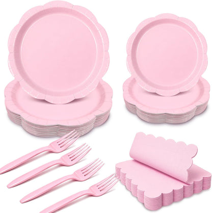 100 Pcs Pink Scalloped Paper Plates Set, Disposable Party Plates for Birthday, Baby Shower, Bridal Shower, Tea Party, Elegant Dinner & Dessert Tableware