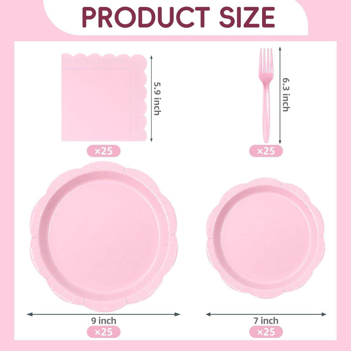 100 Pcs Pink Scalloped Paper Plates Set, Disposable Party Plates for Birthday, Baby Shower, Bridal Shower, Tea Party, Elegant Dinner & Dessert Tableware