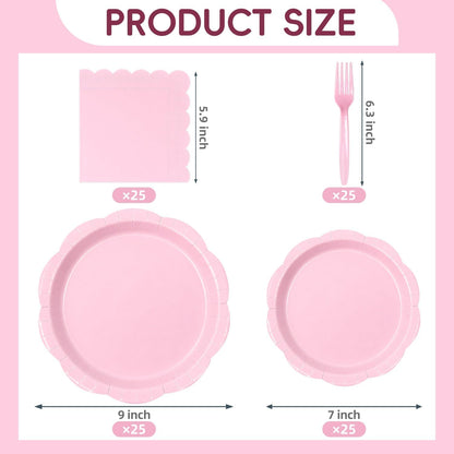 100 Pcs Pink Scalloped Paper Plates Set, Disposable Party Plates for Birthday, Baby Shower, Bridal Shower, Tea Party, Elegant Dinner & Dessert Tableware