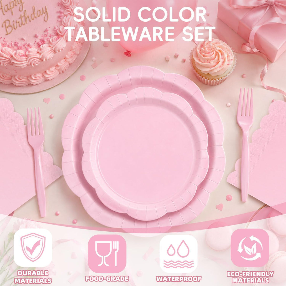 100 Pcs Pink Scalloped Paper Plates Set, Disposable Party Plates for Birthday, Baby Shower, Bridal Shower, Tea Party, Elegant Dinner & Dessert Tableware