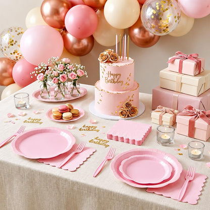 100 Pcs Pink Scalloped Paper Plates Set, Disposable Party Plates for Birthday, Baby Shower, Bridal Shower, Tea Party, Elegant Dinner & Dessert Tableware