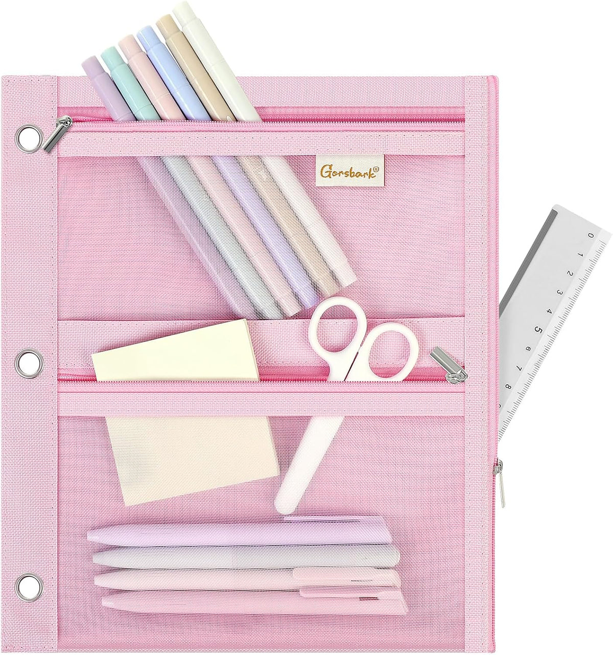 3-Ring Binder Pencil Pouch, Zipper Organizer with 3 Compartments, Mesh Window & Metal Grommets, Durable Oxford Pen Case for School Office Supplies Pink