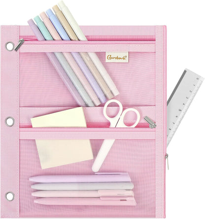 3-Ring Binder Pencil Pouch, Zipper Organizer with 3 Compartments, Mesh Window & Metal Grommets, Durable Oxford Pen Case for School Office Supplies Pink