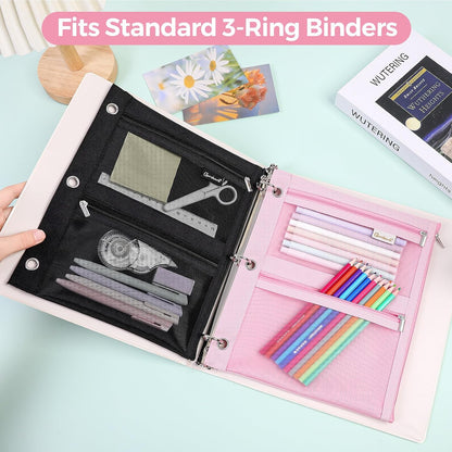 3-Ring Binder Pencil Pouch, Zipper Organizer with 3 Compartments, Mesh Window & Metal Grommets, Durable Oxford Pen Case for School Office Supplies Pink