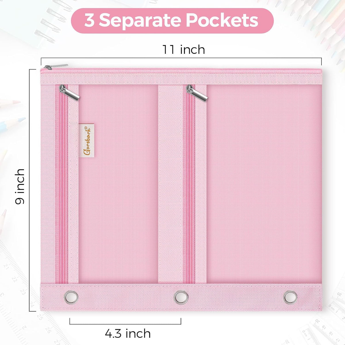 3-Ring Binder Pencil Pouch, Zipper Organizer with 3 Compartments, Mesh Window & Metal Grommets, Durable Oxford Pen Case for School Office Supplies Pink