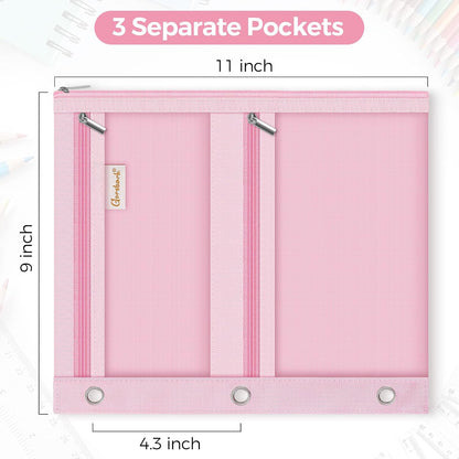 3-Ring Binder Pencil Pouch, Zipper Organizer with 3 Compartments, Mesh Window & Metal Grommets, Durable Oxford Pen Case for School Office Supplies Pink