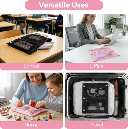 3-Ring Binder Pencil Pouch, Zipper Organizer with 3 Compartments, Mesh Window & Metal Grommets, Durable Oxford Pen Case for School Office Supplies Pink