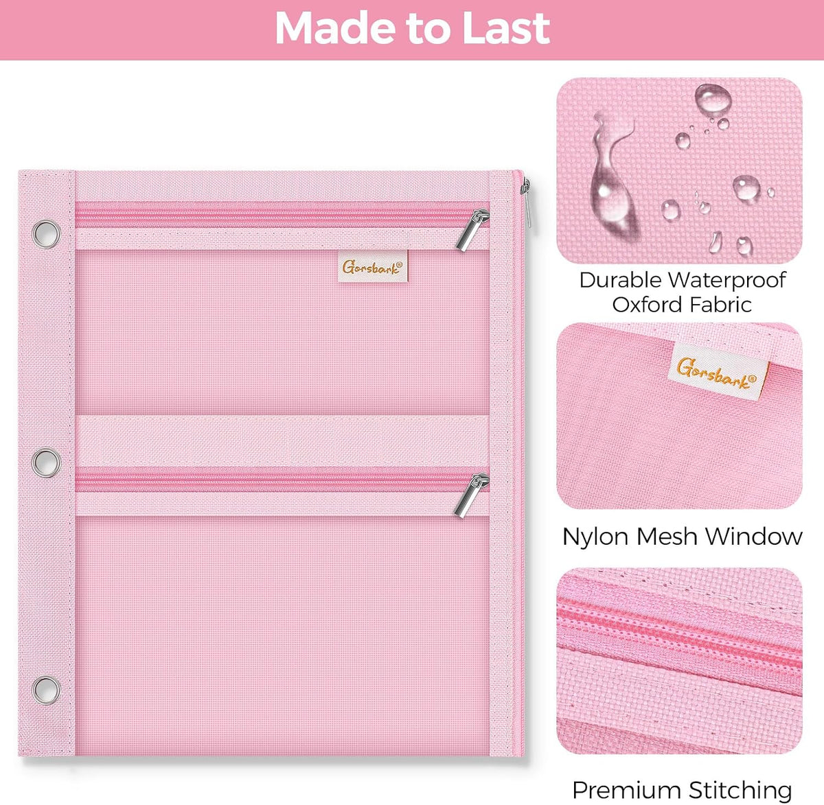 3-Ring Binder Pencil Pouch, Zipper Organizer with 3 Compartments, Mesh Window & Metal Grommets, Durable Oxford Pen Case for School Office Supplies Pink