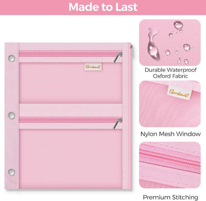 3-Ring Binder Pencil Pouch, Zipper Organizer with 3 Compartments, Mesh Window & Metal Grommets, Durable Oxford Pen Case for School Office Supplies Pink