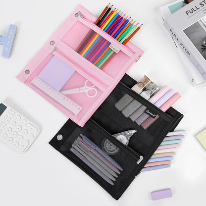 3-Ring Binder Pencil Pouch, Zipper Organizer with 3 Compartments, Mesh Window & Metal Grommets, Durable Oxford Pen Case for School Office Supplies Pink