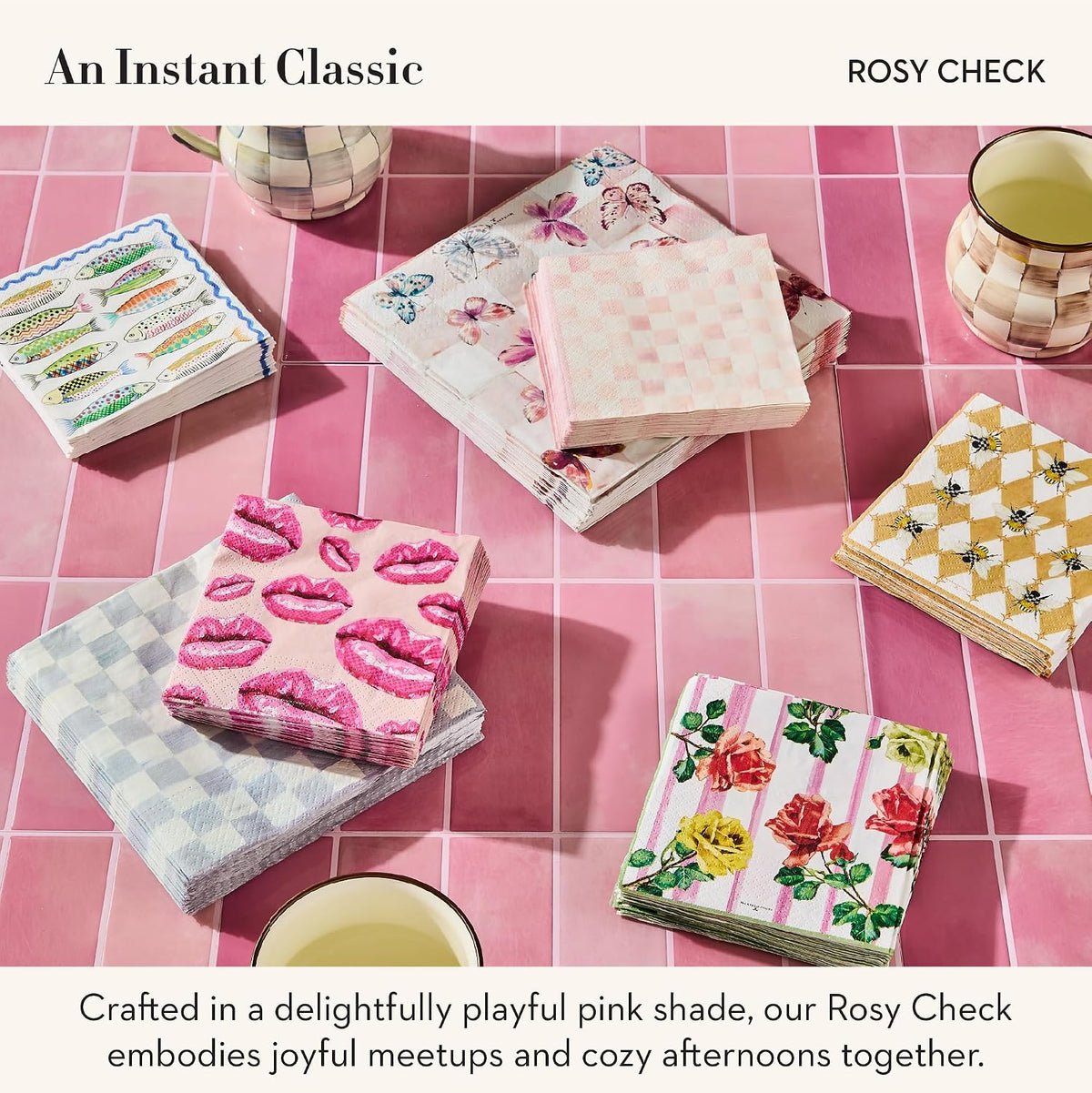 Cocktail Paper Napkin Pack, Pink-and-White Rosy Check