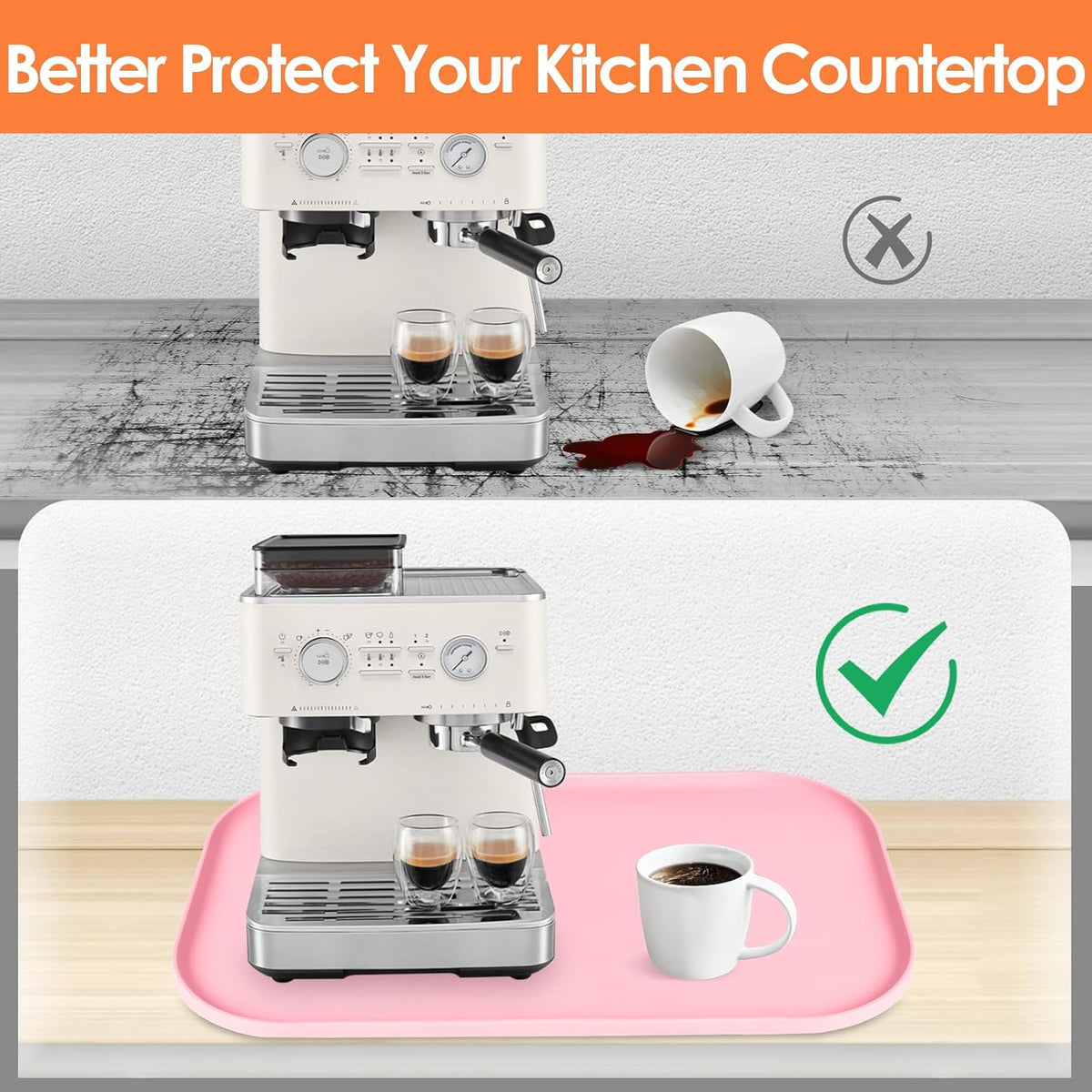 Silicone Coffee Maker Mat with Lip for Countertops, 24'' x 16'', Pink