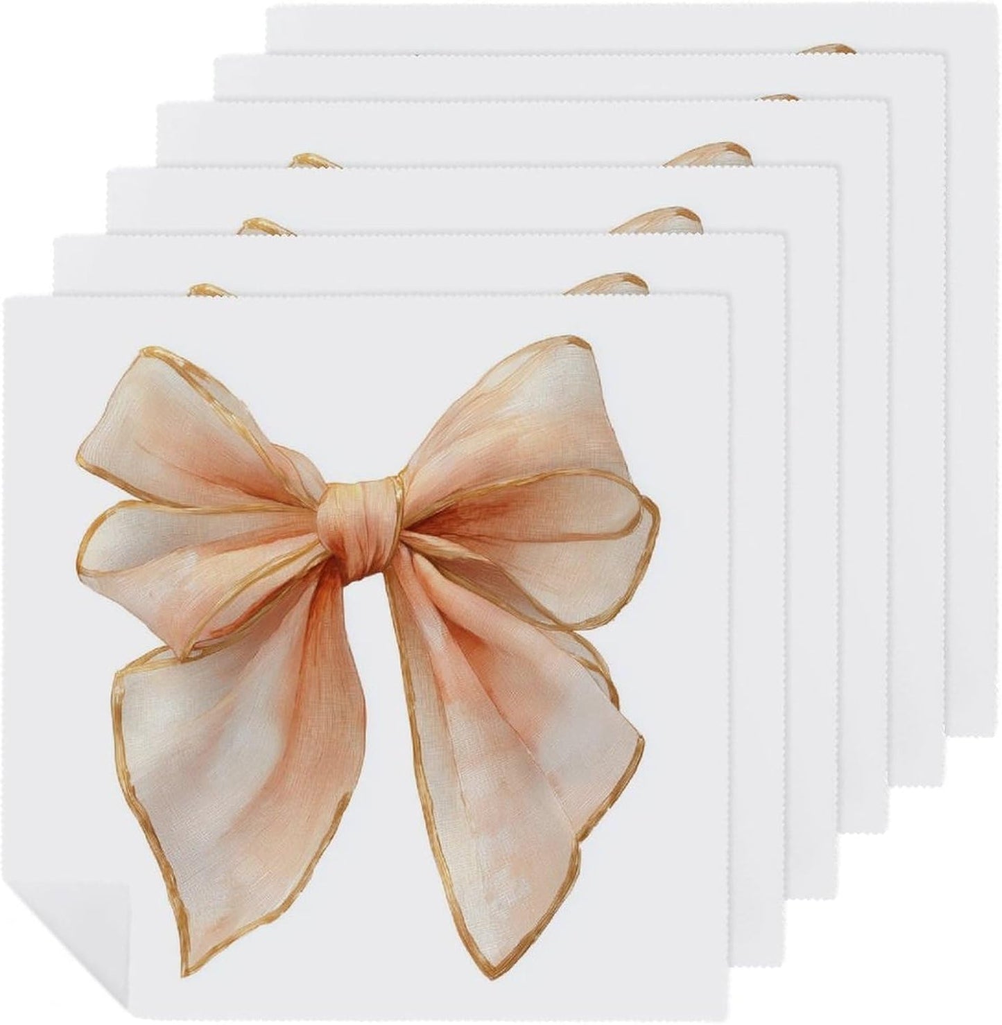 Cloth Napkins Set of 6, Watercolor Soft Silk Ribbon Bow in Pale Peach Square Premium Reusable Washable Polyester Table Linen Napkin