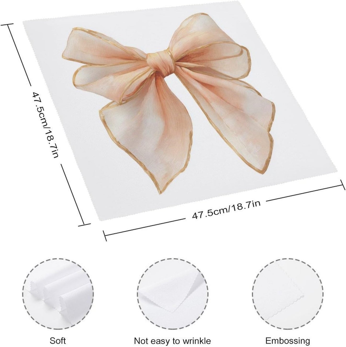 Cloth Napkins Set of 6, Watercolor Soft Silk Ribbon Bow in Pale Peach Square Premium Reusable Washable Polyester Table Linen Napkin