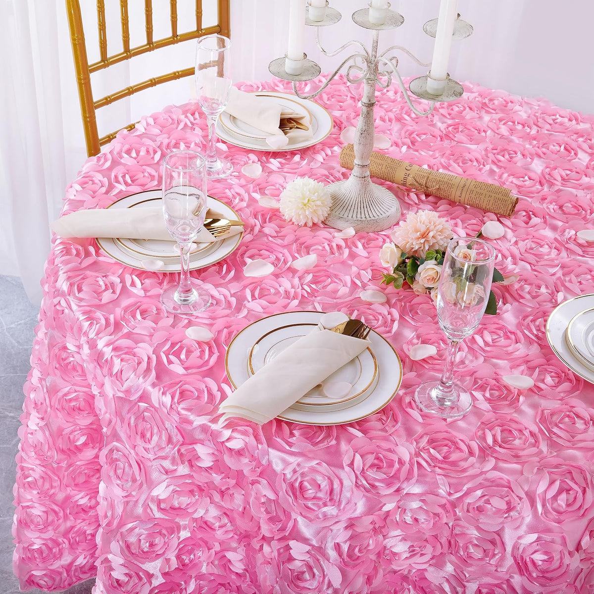 Round Tablecloth 60 inch Pink 3D Floral Table Cloth Satin Overlay Rosette Tablecloth for Wedding Baby Shower Birthday Tea Party Dessert Table Decorations