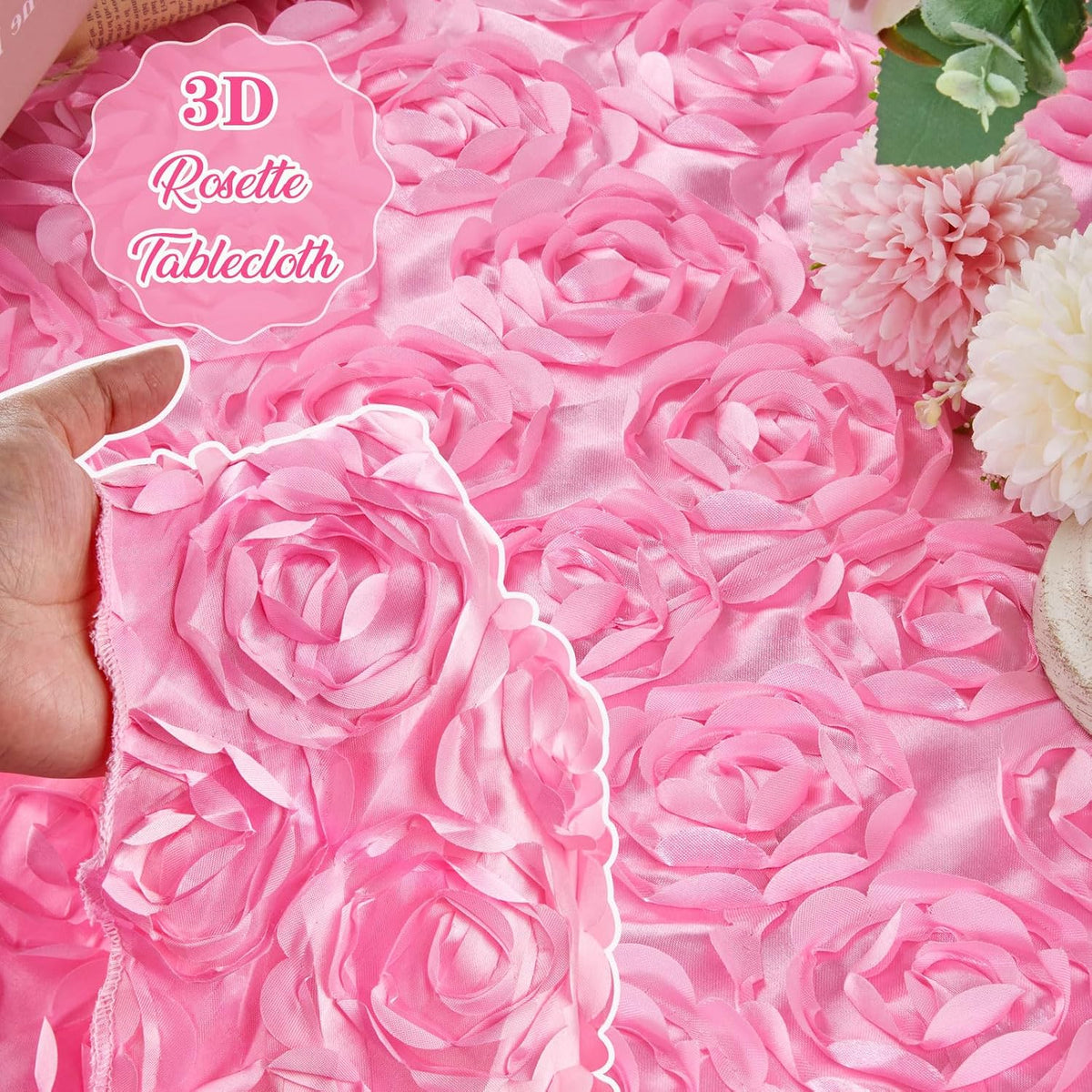 Round Tablecloth 60 inch Pink 3D Floral Table Cloth Satin Overlay Rosette Tablecloth for Wedding Baby Shower Birthday Tea Party Dessert Table Decorations