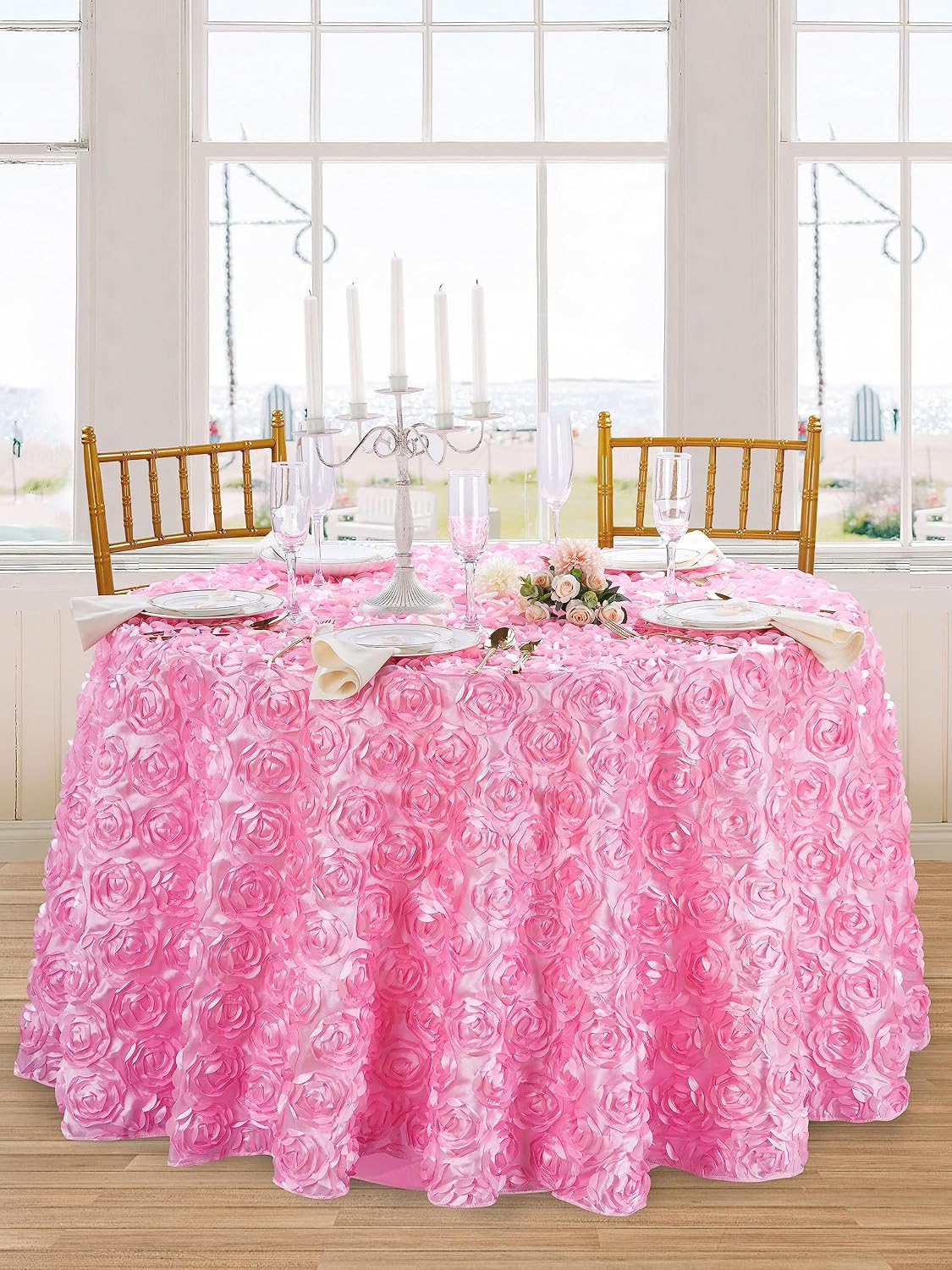 Round Tablecloth 60 inch Pink 3D Floral Table Cloth Satin Overlay Rosette Tablecloth for Wedding Baby Shower Birthday Tea Party Dessert Table Decorations