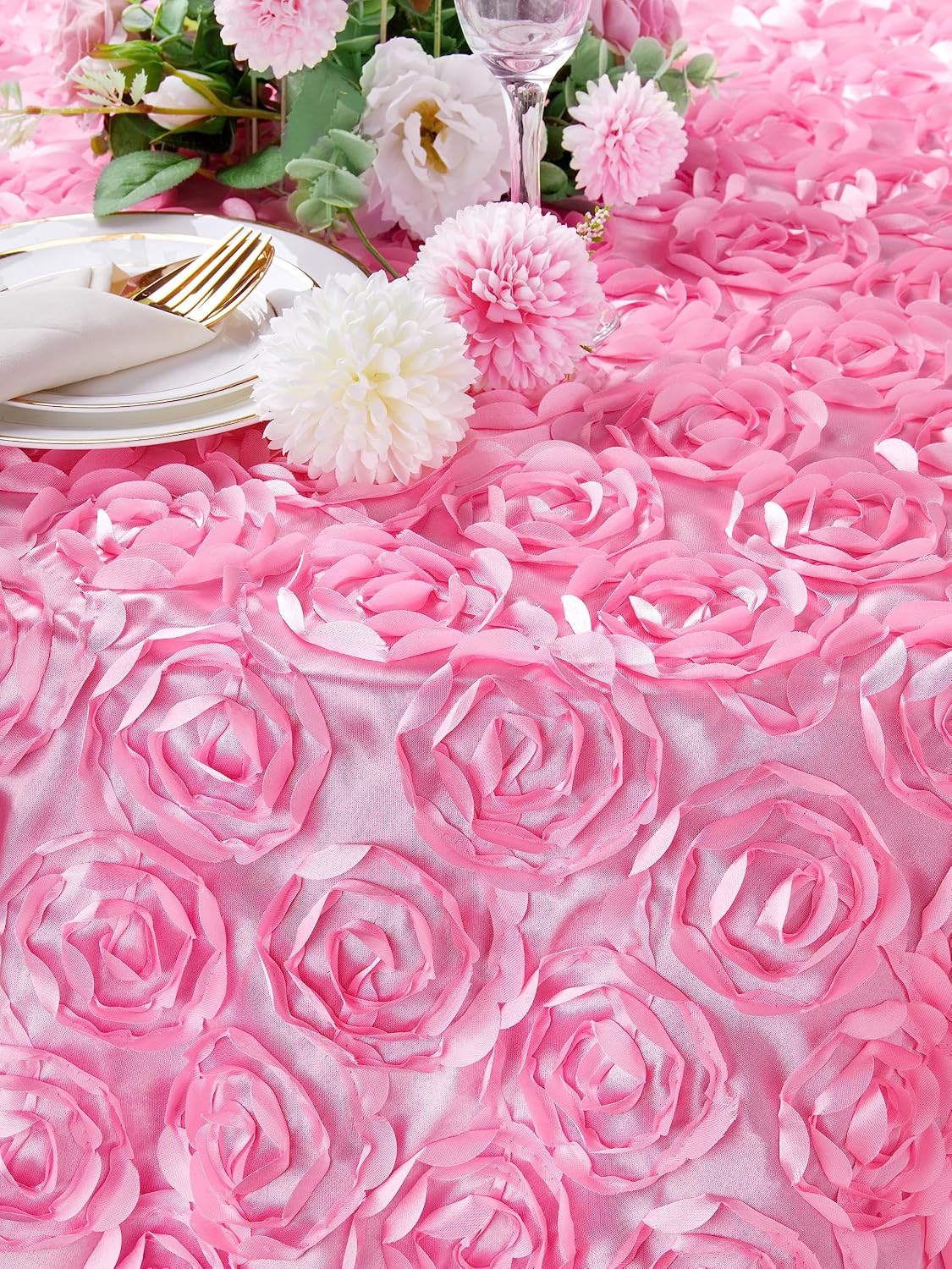 Round Tablecloth 60 inch Pink 3D Floral Table Cloth Satin Overlay Rosette Tablecloth for Wedding Baby Shower Birthday Tea Party Dessert Table Decorations