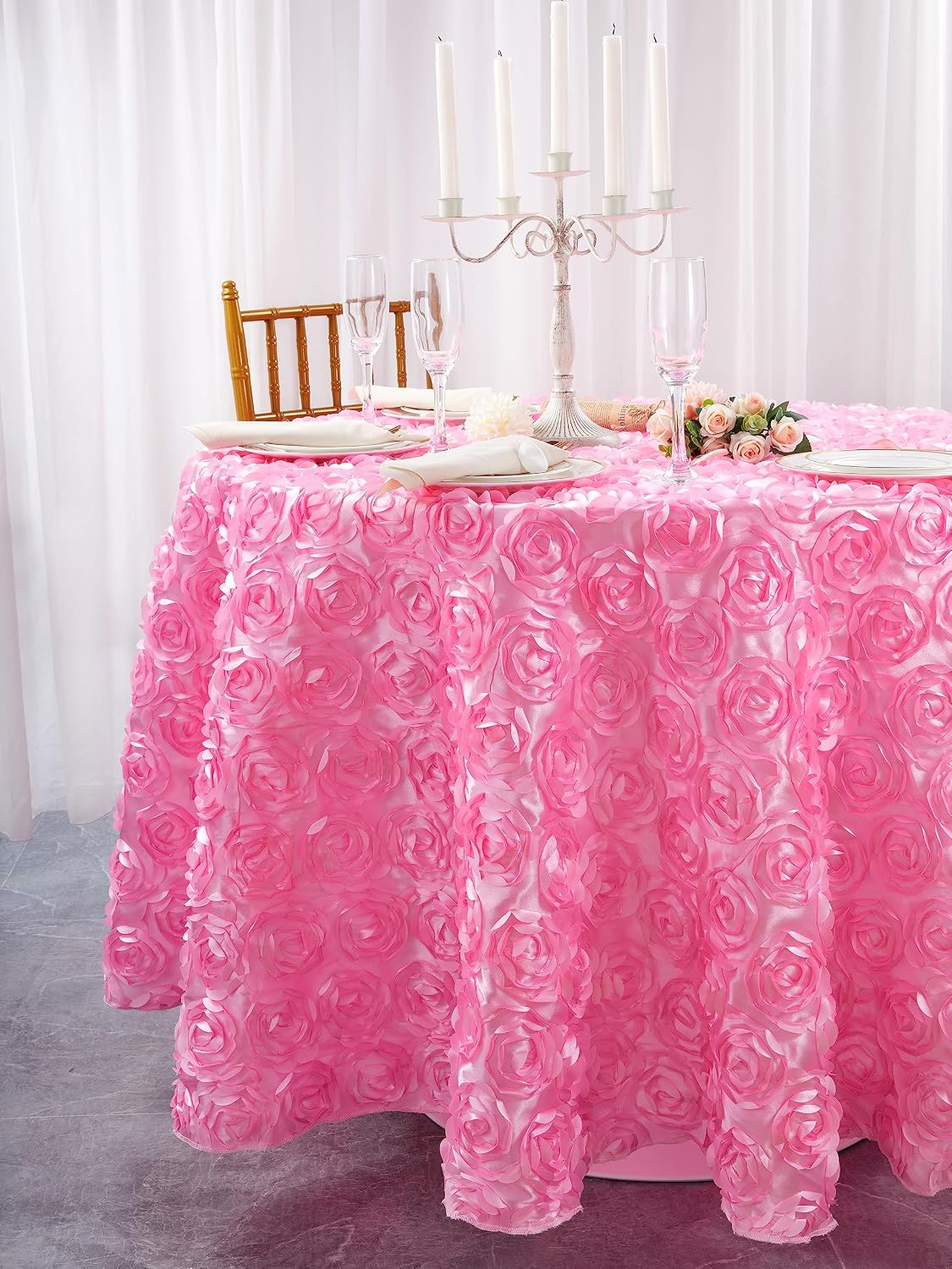 Round Tablecloth 60 inch Pink 3D Floral Table Cloth Satin Overlay Rosette Tablecloth for Wedding Baby Shower Birthday Tea Party Dessert Table Decorations
