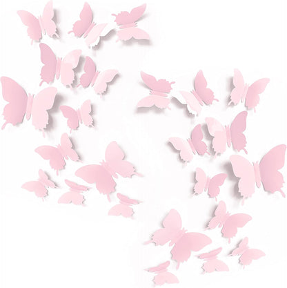 Cute Pink Butterfly Wall Decor 24 pcs, Girls Room Wall Decals, Danish Pastel Aesthetic Butterflies Stickers for Nursery Decorations, Baby Toddler Room Decor for Girls