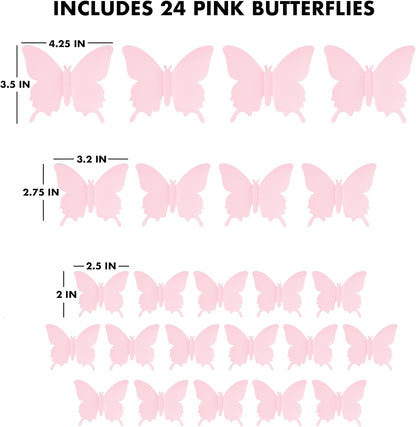 Cute Pink Butterfly Wall Decor 24 pcs, Girls Room Wall Decals, Danish Pastel Aesthetic Butterflies Stickers for Nursery Decorations, Baby Toddler Room Decor for Girls