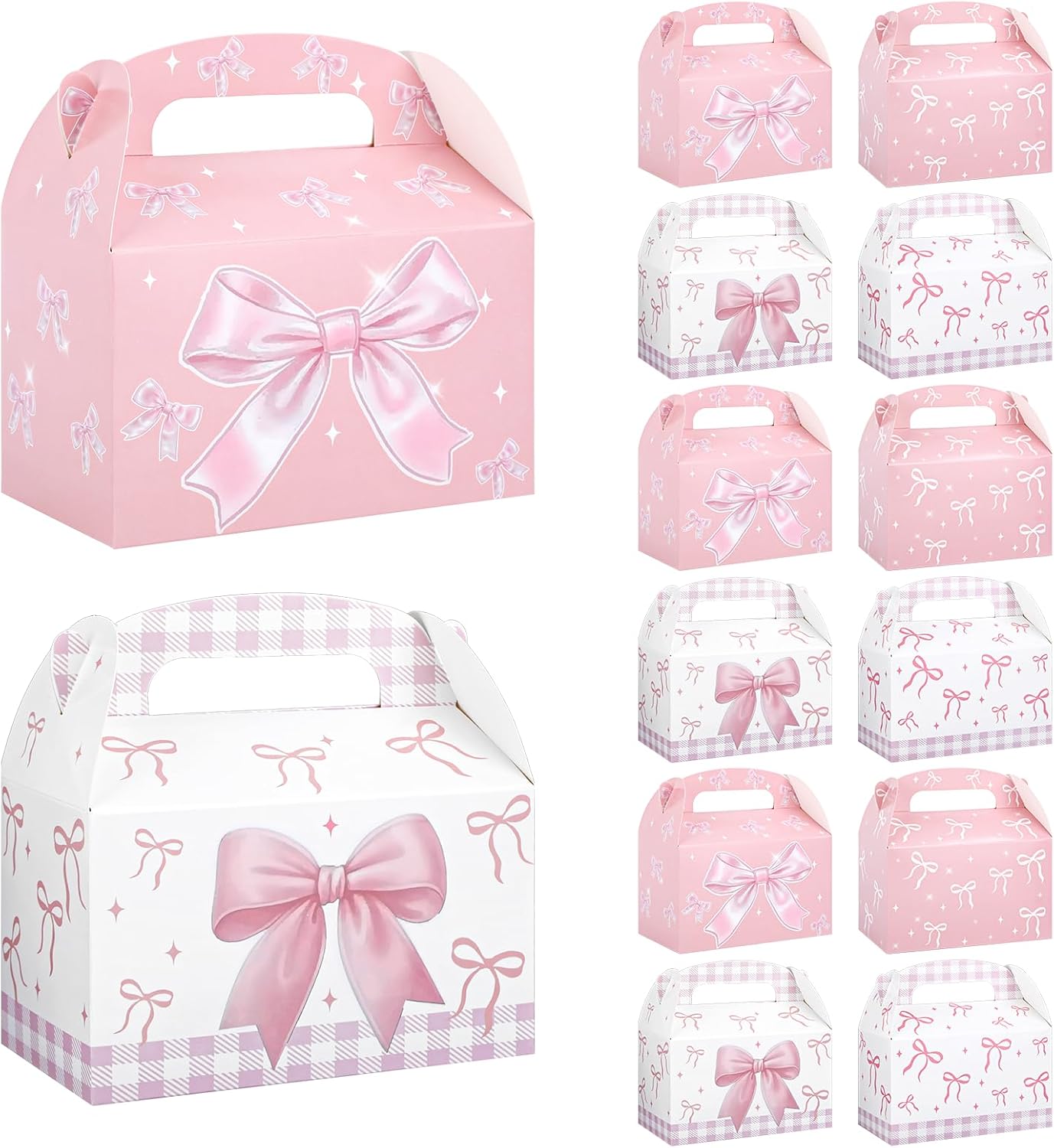 Danquanuan 12 Pcs Pink Bow Treat Boxes, Foldable Paper Gifts Gable Boxes, Pink Party Favor Bow Box with Handles for Birthday Bachelorette Engagement Wedding Baby Shower Bridal Bow Goodie Bags