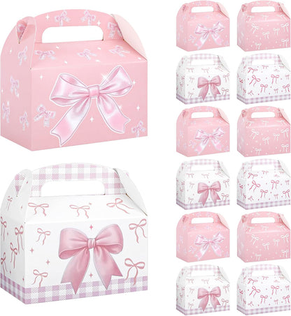 Danquanuan 12 Pcs Pink Bow Treat Boxes, Foldable Paper Gifts Gable Boxes, Pink Party Favor Bow Box with Handles for Birthday Bachelorette Engagement Wedding Baby Shower Bridal Bow Goodie Bags