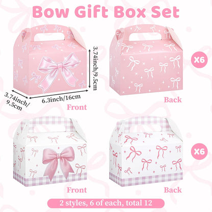 Danquanuan 12 Pcs Pink Bow Treat Boxes, Foldable Paper Gifts Gable Boxes, Pink Party Favor Bow Box with Handles for Birthday Bachelorette Engagement Wedding Baby Shower Bridal Bow Goodie Bags