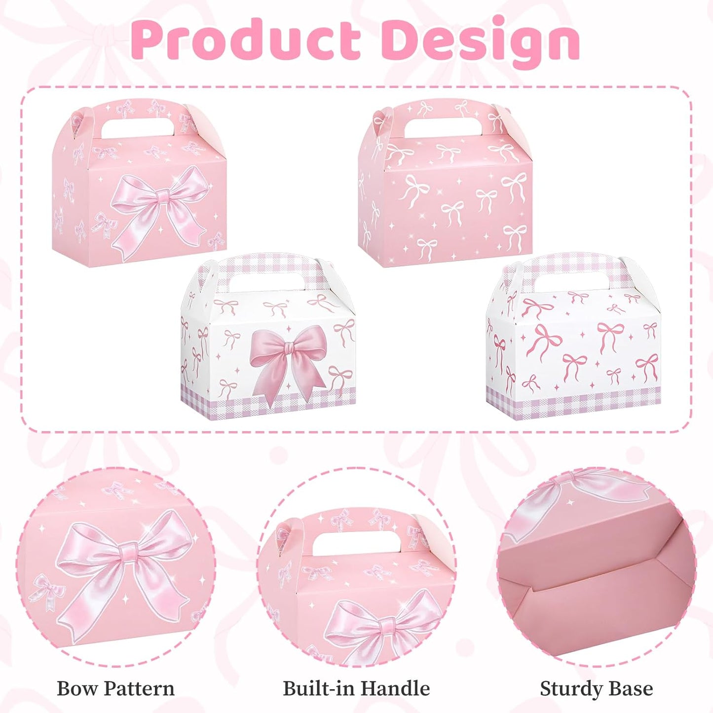 Danquanuan 12 Pcs Pink Bow Treat Boxes, Foldable Paper Gifts Gable Boxes, Pink Party Favor Bow Box with Handles for Birthday Bachelorette Engagement Wedding Baby Shower Bridal Bow Goodie Bags