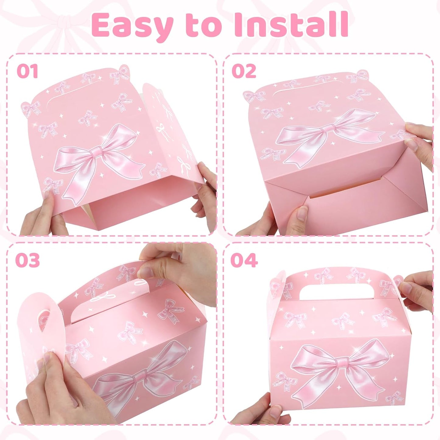 Danquanuan 12 Pcs Pink Bow Treat Boxes, Foldable Paper Gifts Gable Boxes, Pink Party Favor Bow Box with Handles for Birthday Bachelorette Engagement Wedding Baby Shower Bridal Bow Goodie Bags