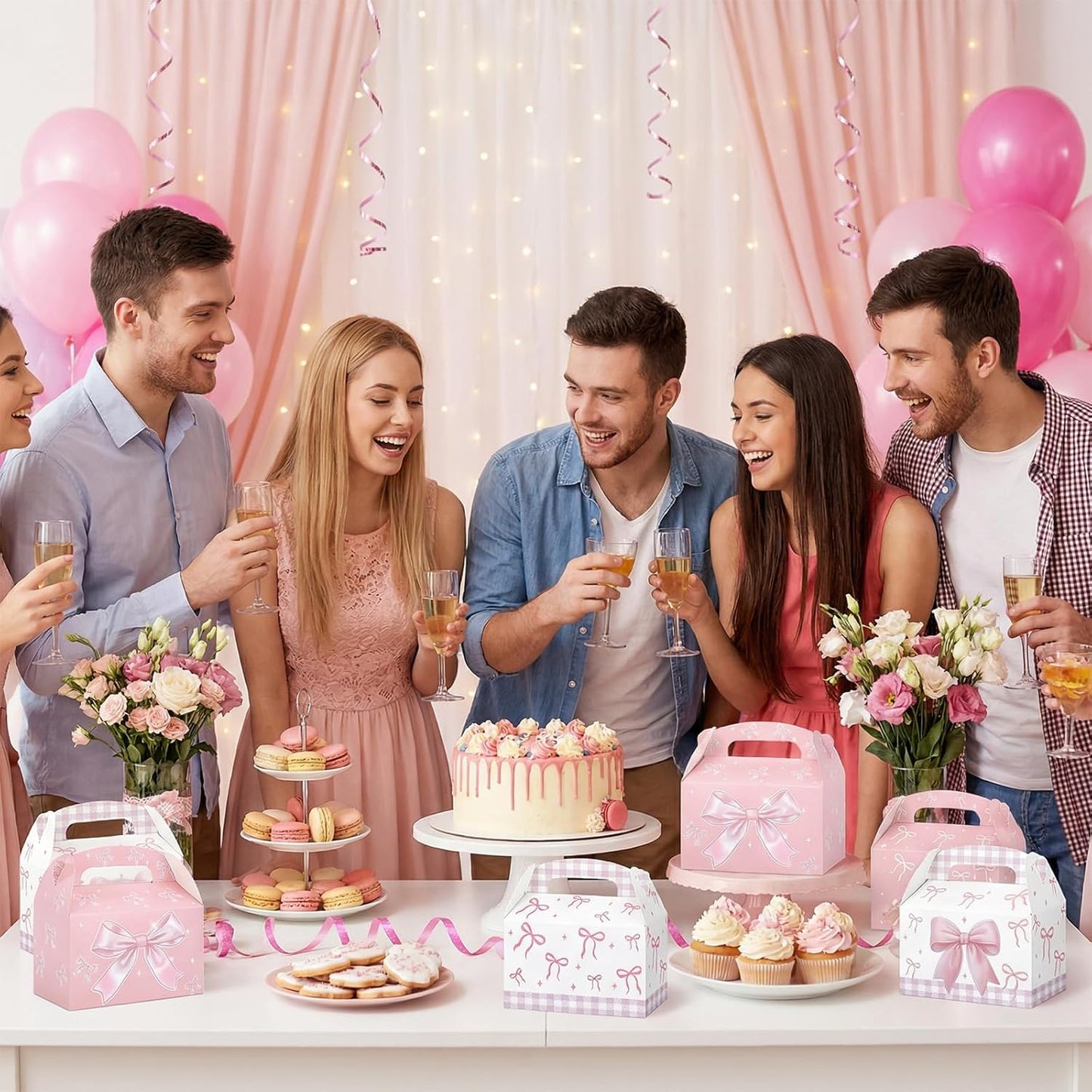 Danquanuan 12 Pcs Pink Bow Treat Boxes, Foldable Paper Gifts Gable Boxes, Pink Party Favor Bow Box with Handles for Birthday Bachelorette Engagement Wedding Baby Shower Bridal Bow Goodie Bags