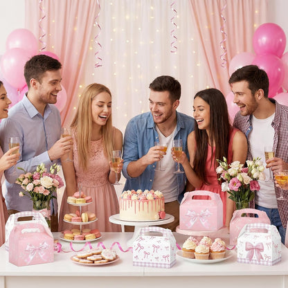 Danquanuan 12 Pcs Pink Bow Treat Boxes, Foldable Paper Gifts Gable Boxes, Pink Party Favor Bow Box with Handles for Birthday Bachelorette Engagement Wedding Baby Shower Bridal Bow Goodie Bags