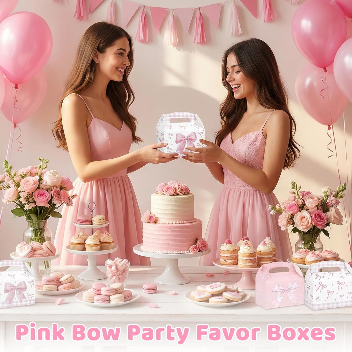 Danquanuan 12 Pcs Pink Bow Treat Boxes, Foldable Paper Gifts Gable Boxes, Pink Party Favor Bow Box with Handles for Birthday Bachelorette Engagement Wedding Baby Shower Bridal Bow Goodie Bags