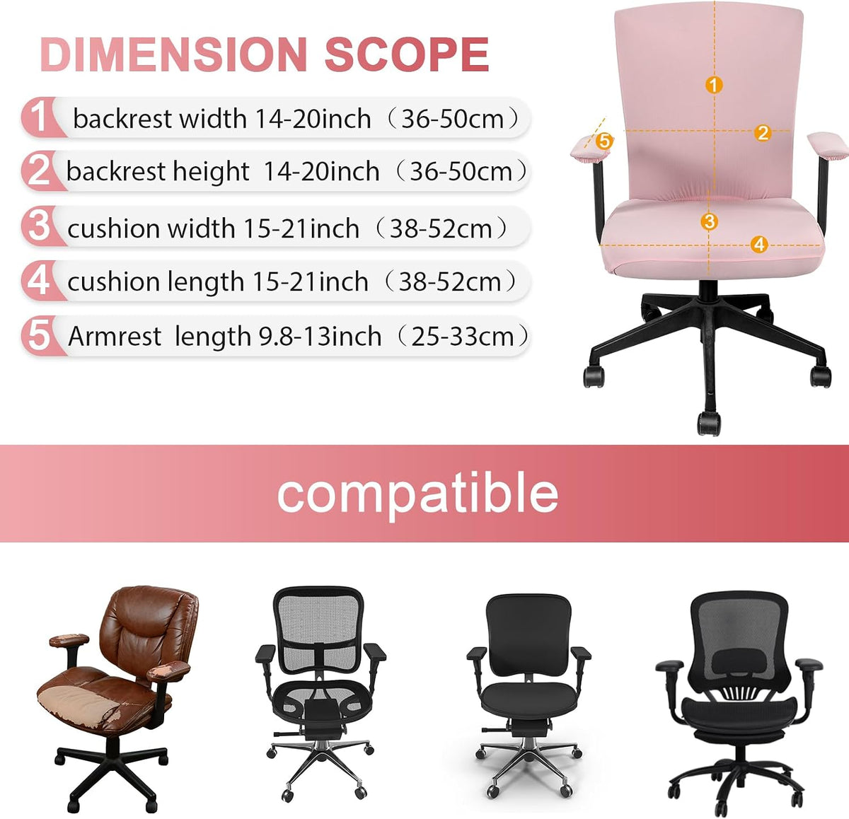 4 Pcs Office Chair Covers Set Computer Universal Protective Stretchable Chair Seat Covers Desk Armrest Cover Slipcovers Pads Office Cushion Backrest for Rotating(Regular,Pink)