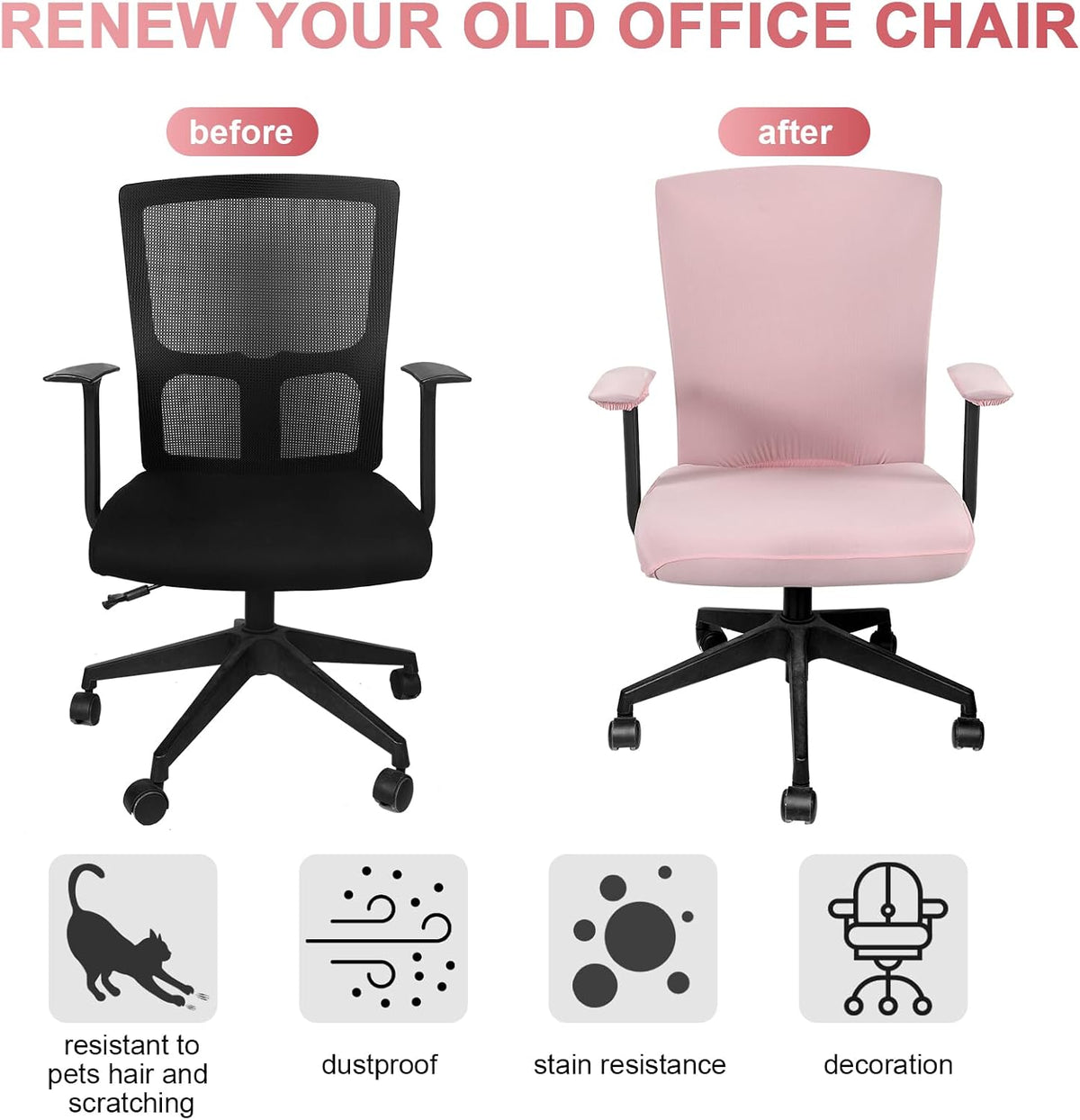 4 Pcs Office Chair Covers Set Computer Universal Protective Stretchable Chair Seat Covers Desk Armrest Cover Slipcovers Pads Office Cushion Backrest for Rotating(Regular,Pink)