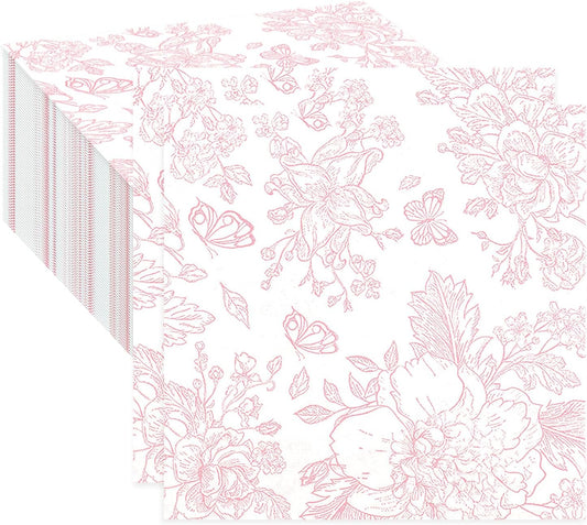 SietDESEO 100 Pieces Pink Floral Napkins Disposable 2-Ply Pink and White Cocktail Napkins Flower Paper Napkins for Decoupage Baby Shower Wedding Tea Party Beverage Napkin