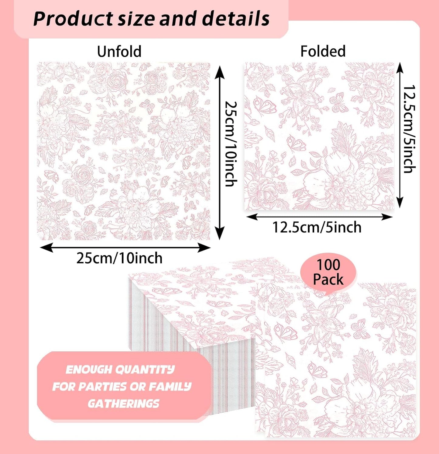 SietDESEO 100 Pieces Pink Floral Napkins Disposable 2-Ply Pink and White Cocktail Napkins Flower Paper Napkins for Decoupage Baby Shower Wedding Tea Party Beverage Napkin