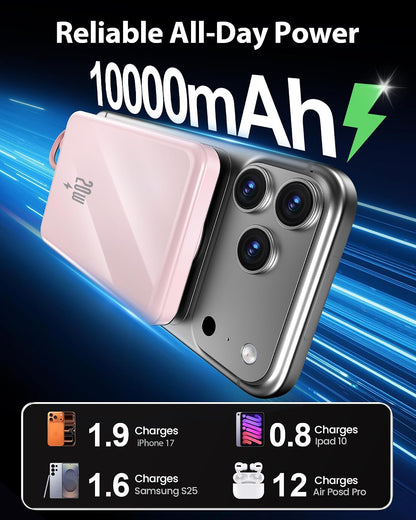 10000mAh Portable Charger, 20W Fast Charging, Built-in Cables with Handle