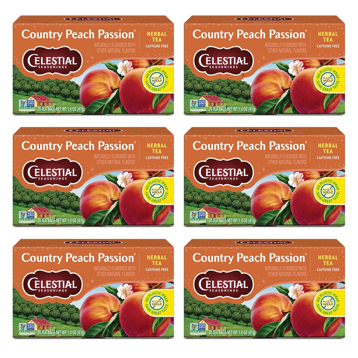Country Peach Passion Herbal Tea, Caffeine Free, 20 Tea Bags Box (Pack of 6)