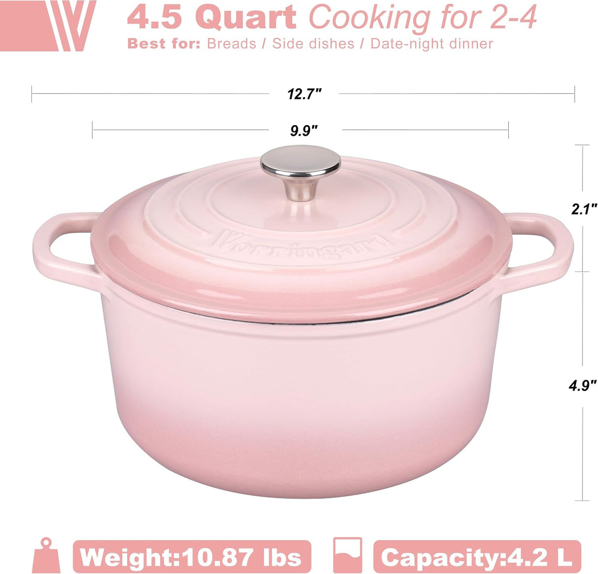 Enameled Cast Iron Dutch Oven Pot with Lid, for Sourdough Bread Baking, Round Dutch Ovens, 4.5 Quart, Pink