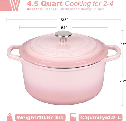 Enameled Cast Iron Dutch Oven Pot with Lid, for Sourdough Bread Baking, Round Dutch Ovens, 4.5 Quart, Pink